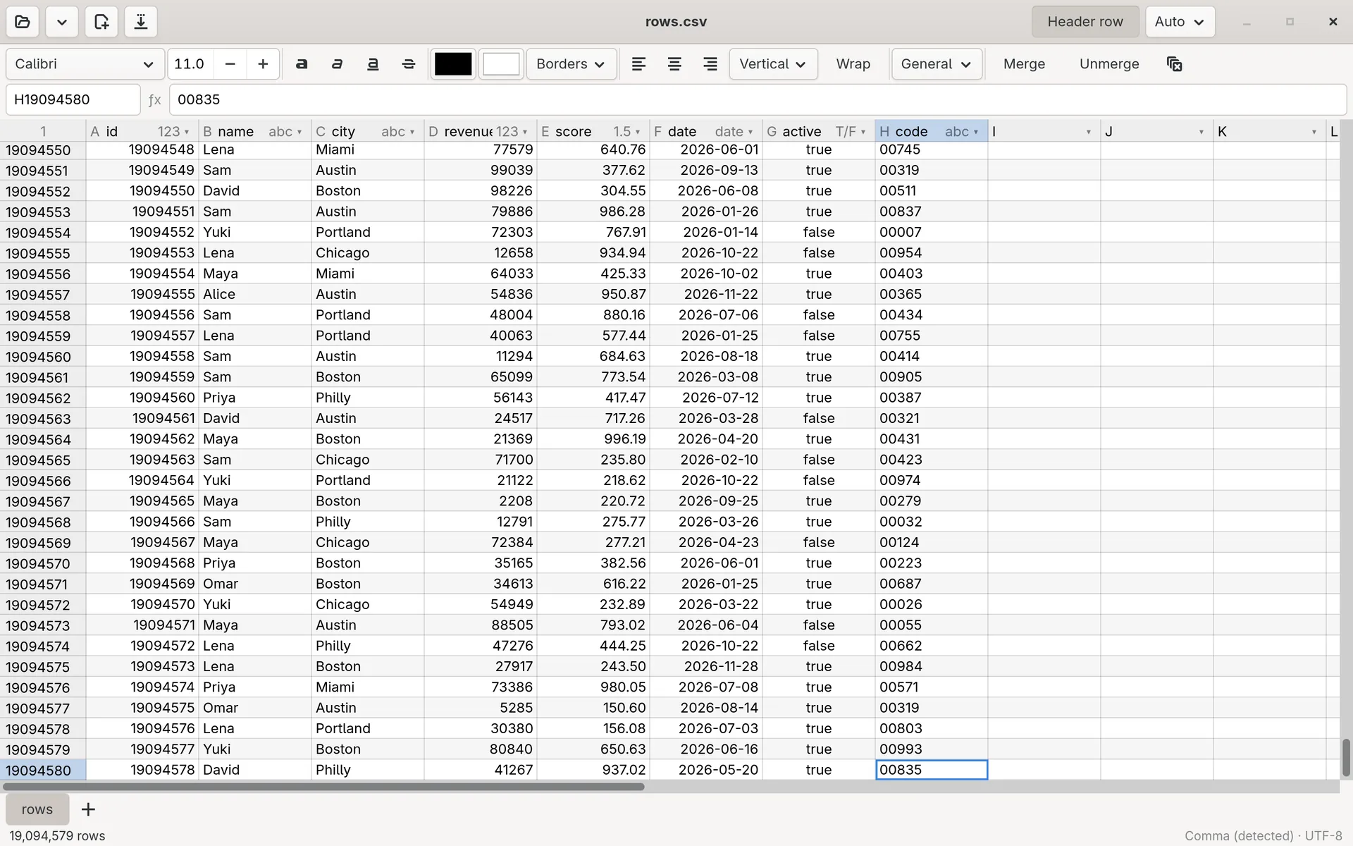 Brick showing a 1 GB CSV file at its last rows, row numbers past 19 million, with the status bar reading 19,094,579 rows.