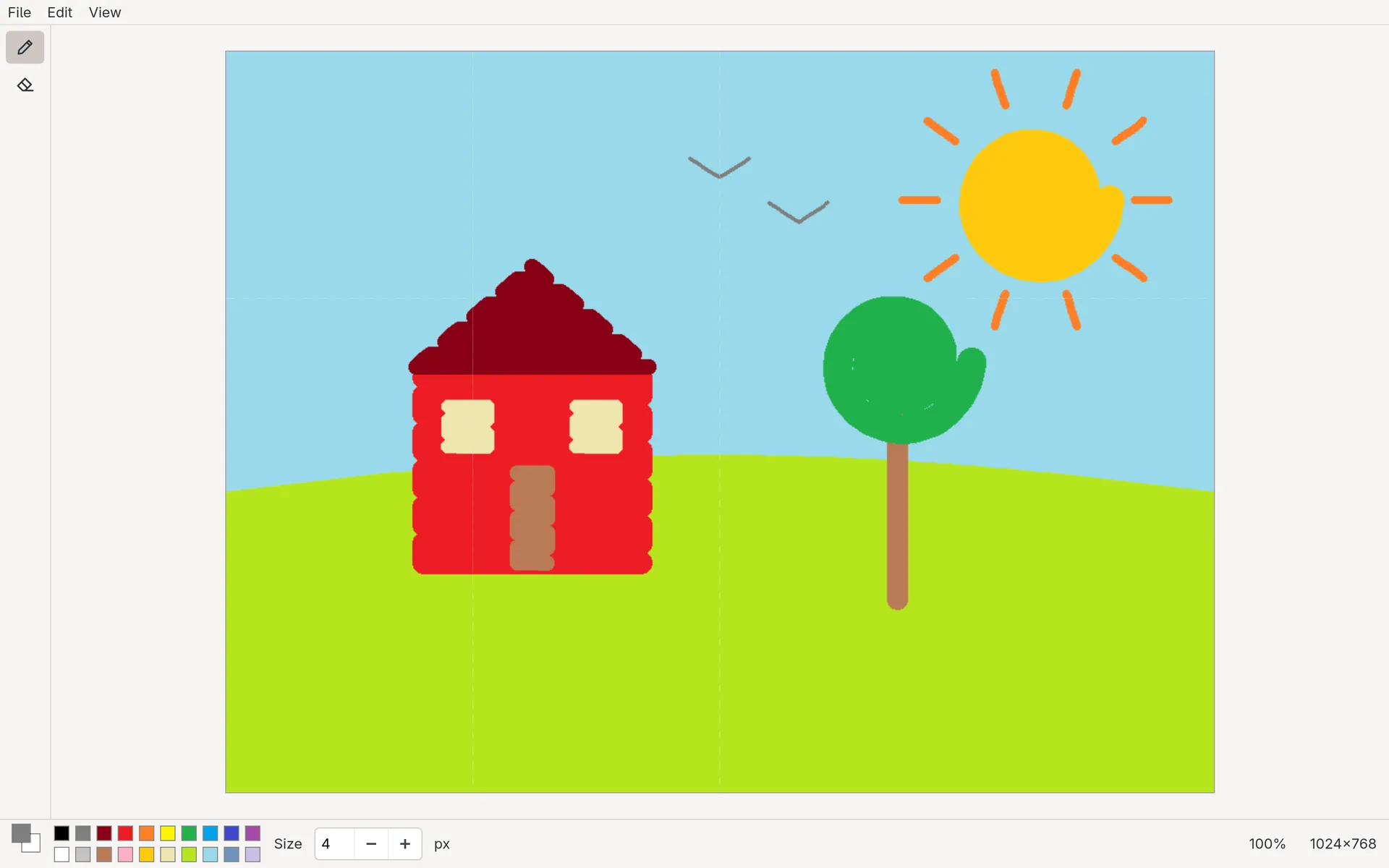Etch with a picture painted on its 1024 by 768 canvas: a red house with a dark red roof, a tree, a sun with rays, and two birds over a green hill, with the tool column on the left and the 20-colour palette and size field below.