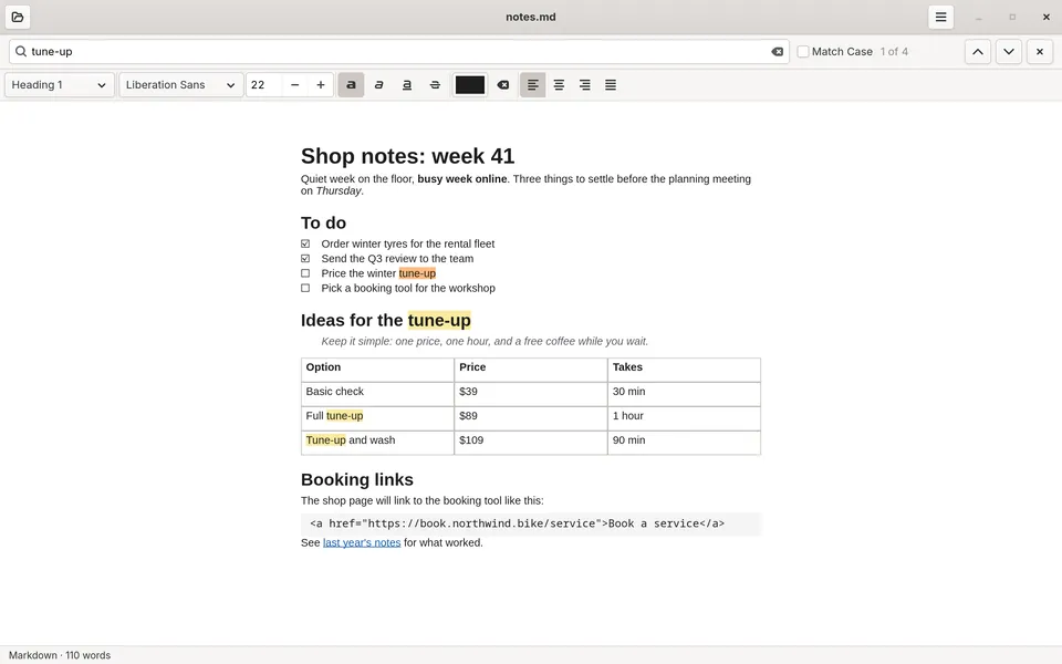Slate's find bar searching a Markdown file for tune-up, with four matches highlighted, including two in a table.